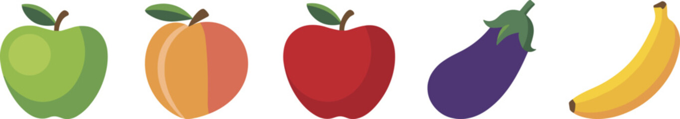 Fruit and vegetable icons front view, green apple peach red apple eggplant banana, healthy food symbol, nutrition illustration vector