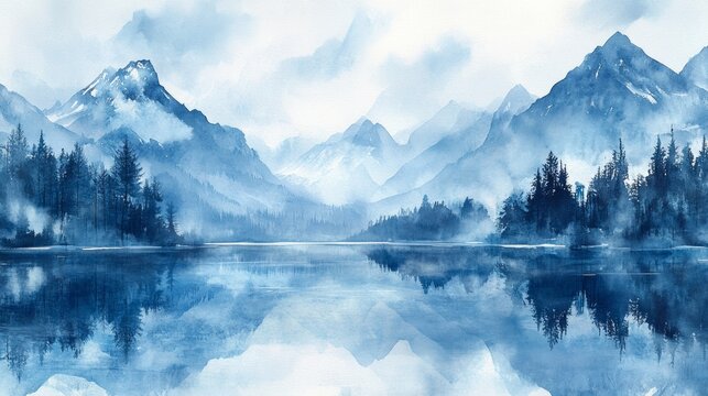 A misty morning in the mountains with a forest and a lake conveys calm and tranquility, suitable for meditative apps, books about nature, and travel.