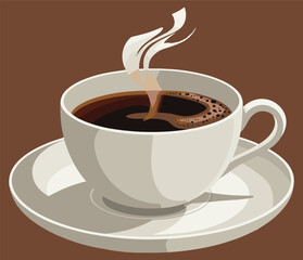 Steaming coffee cup front view, white ceramic mug on saucer, brown background, hot beverage icon, morning drink vector illustration