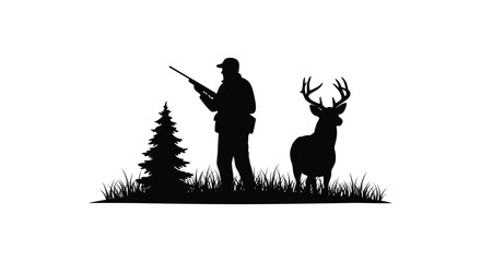 Hunter with rifle stands near majestic deer a striking silhouette © Kuntol02