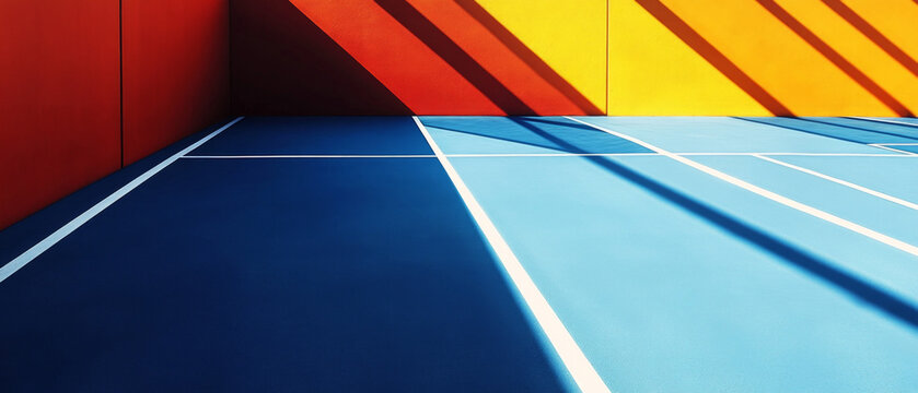 A bright tennis court with contrasting wall colors and markings is suitable for sports articles, equipment advertising, sports field design, and motivational posts.