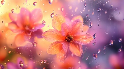 Fototapeta premium Flowers with water droplets on their petals reflecting light convey freshness and tenderness, making them suitable for cosmetic packaging and greeting card designs.