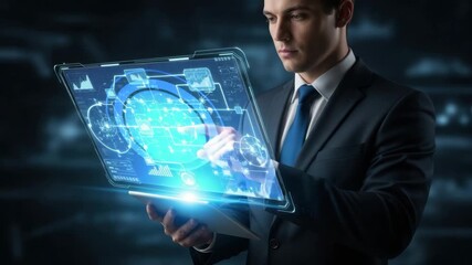 Man in suit interacts with futuristic digital display showing data and network connections - Powered by Adobe