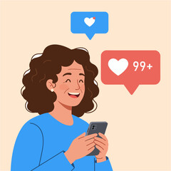 illustration woman are happy to see a sign of like on a smartphone