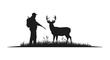 Hunter with rifle faces majestic stag in grassy field silhouette © Kuntol02