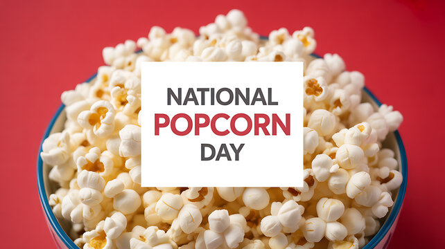 National Popcorn Day celebration with a bowl of popcorn on a red background