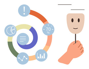 Hand holding smiling mask with chart, circular infographic, and data icons. Ideal for identity, emotion, analytics, business, psychology management communication. Simple flat metaphor