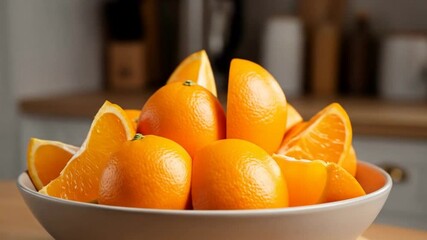 A close-up shot of a white bowl filled with fresh, vibrant orange citrus fruits, some whole and some sliced, sitting on a kitchen counter. - Powered by Adobe