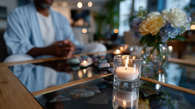 A man in a serene indoor setting, with candles and flowers surrounding him, engaged in a moment of reflection and mindfulness, creating an inviting atmosphere.