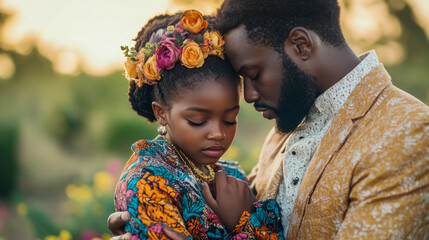 Heartwarming and serene moment of deep affection between loving Black father and his young daughter, beautifully adorned with flowers and vibrant attire, symbolizing familial connection in peaceful ou