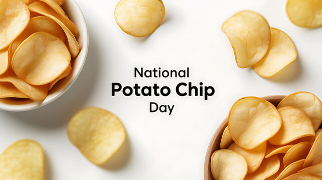 National Potato Chip Day celebration with golden potato chips in bowls and scattered on a white surface