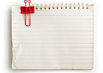 A worn, off-white spiral-bound notepad with red binder clip, isolated on white background; shows slight creasing and aging