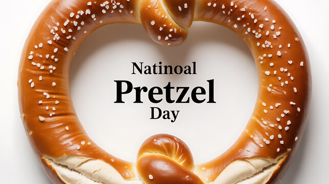A close-up of a golden-brown pretzel with salt crystals, forming a heart shape around the text 'National Pretzel Day'.