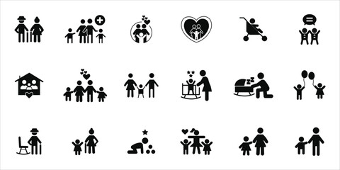 family icons set. sister, mother, father, children and more. simple solid vector illustration