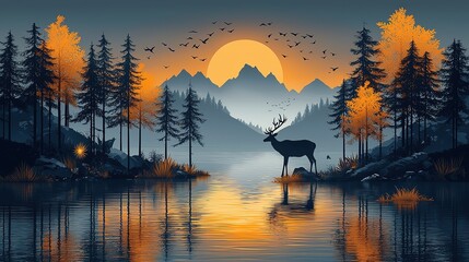 3D golden forest wallpaper with deer and birds in paper - cut style on dark blue, luxury wall art for home
