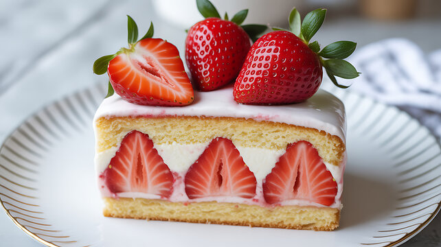 Slice of strawberry cake with fresh strawberries on top and inside, served on a white plate