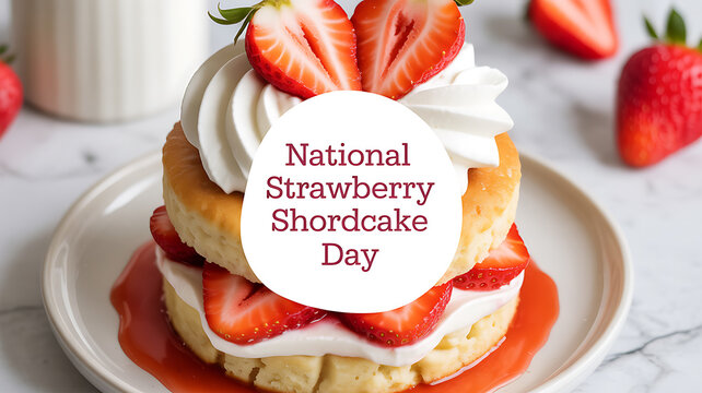 A stack of strawberry shortcake with whipped cream and fresh strawberries, celebrating National Strawberry Shortcake Day