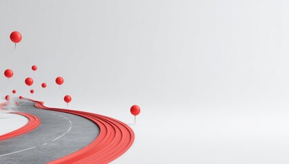 Abstract road with red markers and balloons, 3D rendering.  A winding gray road with red accents, surrounded by a white background. Red spherical objects float and fall along the road