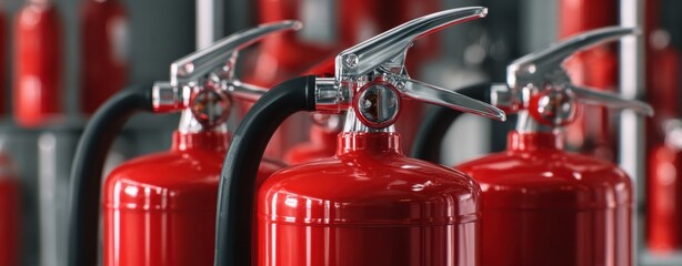The Fire Extinguisher Line of Shiny Red Safety Cylinders Ready for Emergency Use