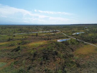 Naklejka premium Aerial panorama of marshland with scattered water pools and vegetation, bright sunny sky