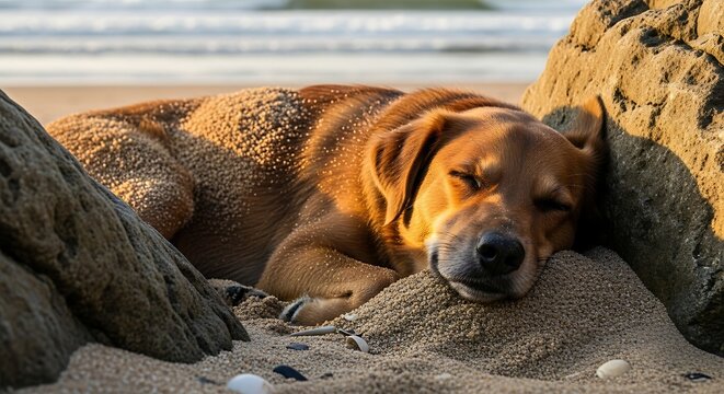 Brown dog sleeping peacefully on a sandy beach near rocks.