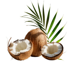 Fresh coconuts and palm leaf tropical delight. Coconut on transparent background