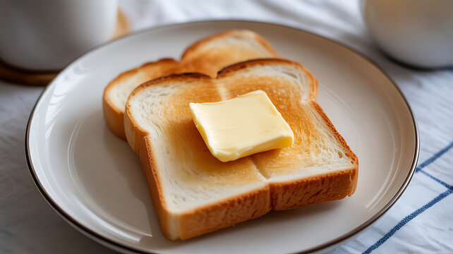 Slices of toasted bread with a pat of butter on a white plate