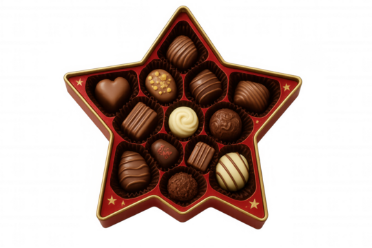 Star-shaped gift box filled with assorted chocolates and pralines, featuring heart shapes and truffles, transparent background