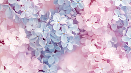 Obraz premium Elegant and ethereal close-up of abundant pastel pink and serene blue lilac flowers, forming soft, dreamy, and delicate natural spring background.