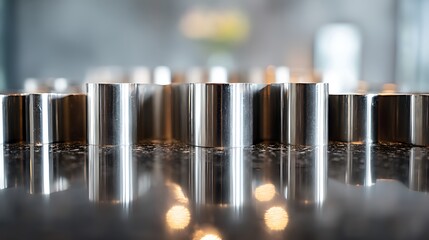 A close up view of shiny metal cylinders in a repeating pattern