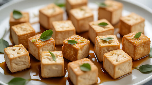 Cubed tofu garnished with sage leaves and drizzled with sauce on a white plate