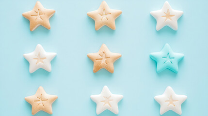 Obraz premium Symmetrically arranged decorative stars in soft beige, crisp white, and tranquil blue, each with inner star pattern, on soothing pastel background
