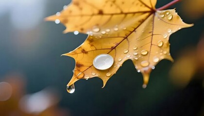 Fototapeta premium 秋の雨滴が光るメープルリーフのクローズアップ