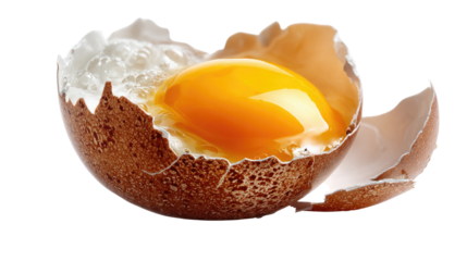 Broken Egg: A studio shot captures a close-up of a broken egg, showcasing its rich, golden yolk and fluffy egg white against the backdrop, emphasizing freshness and culinary potential.