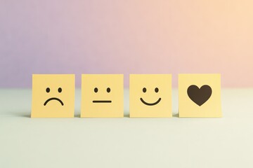 Yellow sticky notes illustrate emotional feedback progression, guiding customer experience from sad to neutral, happy, and ultimate satisfaction with love