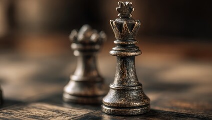 Fototapeta premium Close-up of black chess pieces on a wooden board