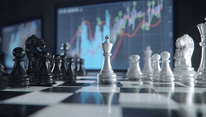 Chess pieces on a board, financial charts in the background