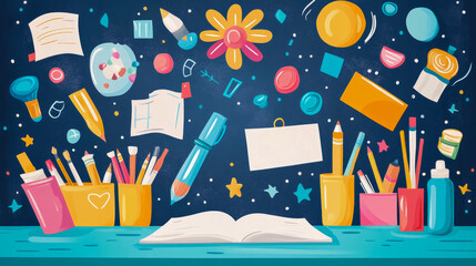 Vibrant and Playful Art and School Supplies Scattered on Creative Desk, Featuring Pens, Pencils, Paper, and Open Book Against Starry Blue Background