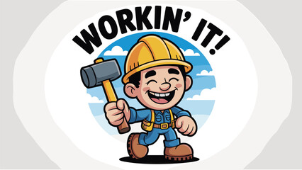Cartoon construction worker walking with hammer, cheerful labor character illustration, energetic work scene, positive attitude design, fun manual job concept