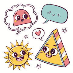 Fototapeta premium Set of speech bubble and funny shape element vector. Collection of cartoon characters, cute doodle dawn, geometric, organic shape with fun eye. Design .