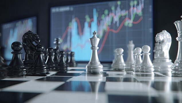 Chess pieces on a board, financial charts in the background
