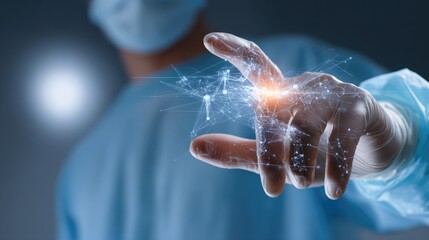 Gloved hand of a surgeon interacts with a glowing digital network, suggesting advanced medical technology