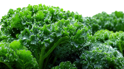 Vibrant Kale: Lush, freshly picked kale leaves glistens with droplets, offering a close-up view of the healthy, textured greenery, symbolizing vitality and nutrition.