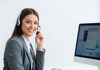 Smiling woman wearing headset answers customer calls in bright office, providing excellent support and creating a positive customer experience.