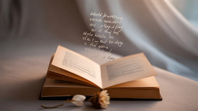 An open book with handwritten text floating above it, accompanied by a dried flower on a soft surface.