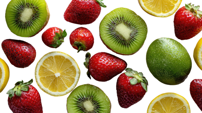 Vitamin Burst: A visually appealing composition featuring a vibrant array of fresh kiwi, strawberries, and lemons, offering a colorful celebration of natural goodness and culinary creativity.