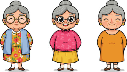 Cartoon elderly women standing together, cheerful senior characters in colorful outfits, expressive poses and smiles, aging with joy, lifestyle and diversity concept