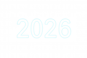 Year 2026 rendering as a glowing neon light blue outline text, symbolizing future, dates, and new year