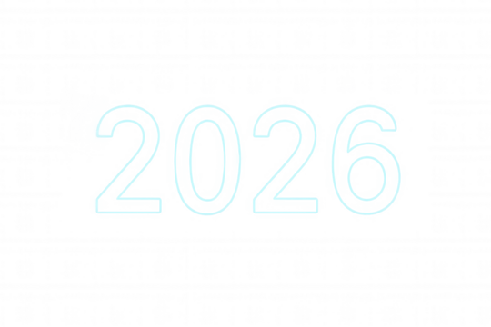 Year 2026 rendering as a glowing neon light blue outline text, symbolizing future, dates, and new year