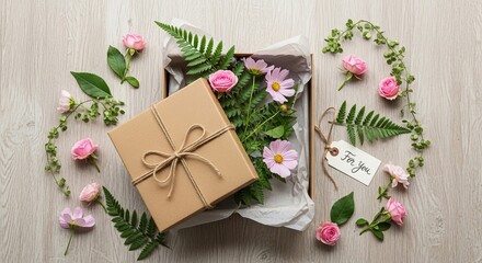 Beautifully arranged gift box with delicate pink flowers and greenery, perfect for special occasions.